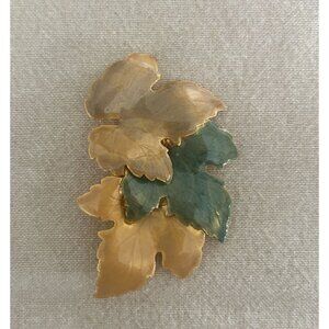Vintage Gold Green Enamel Leaf Brooch Pin Tri Color Nature Inspired Autumn
